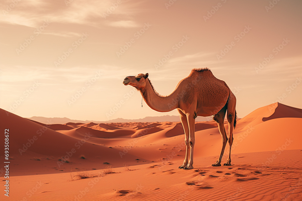 Poster geometric and minimal portrayal of a camel, creating a stylized and modern representation of the des