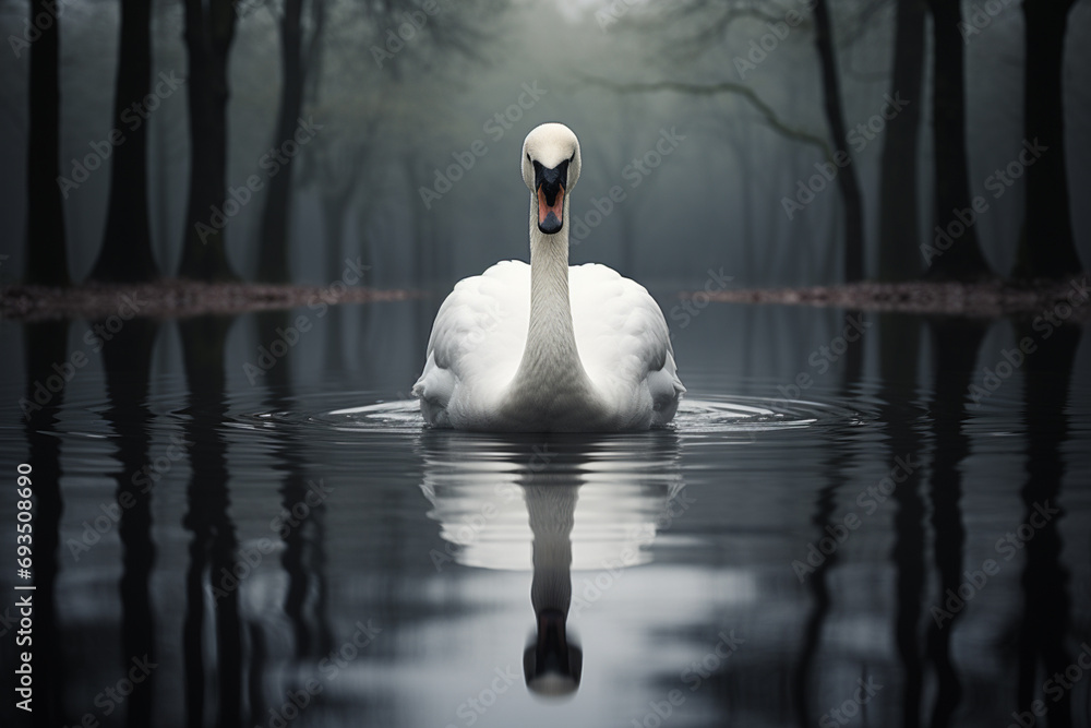 Poster elegant and minimal depiction of a swan's reflection, using clean lines to convey the graceful and s