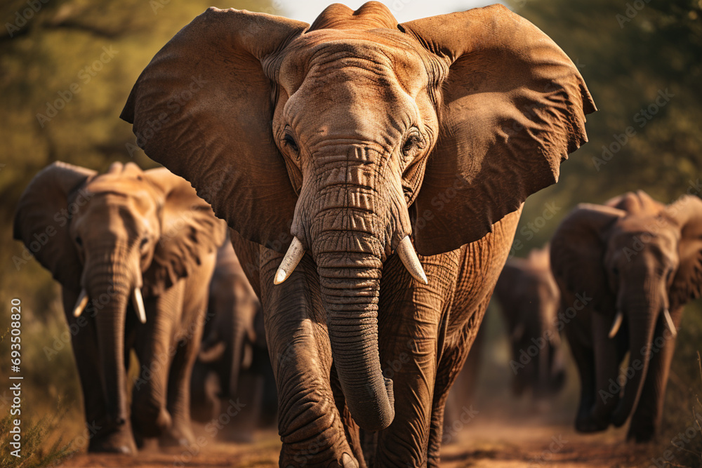 Poster contoured and minimalistic representation of elephants marching in a parade, creating a modern and s