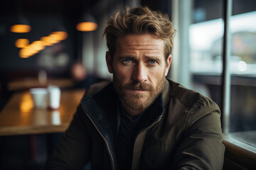 Generative AI portrait of young person sitting dreamy in aroma cafeteria enjoying morning coffee