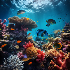 Naklejka na ściany i meble Schools of fish swimming through a vibrant coral reef