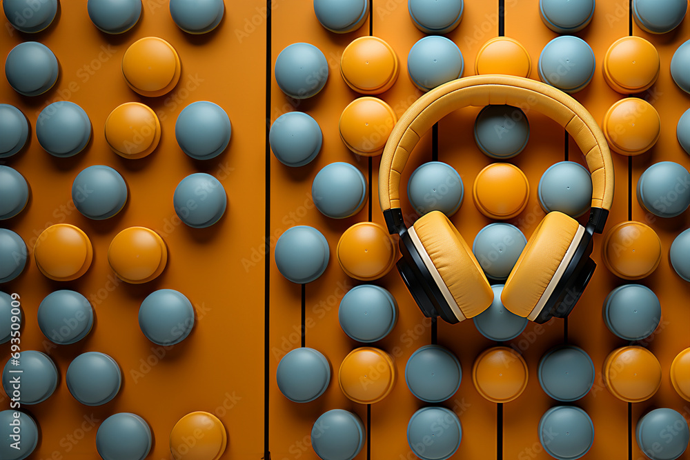 Poster a pattern of linear headphones in a minimalist style, creating a visually engaging and modern arrang