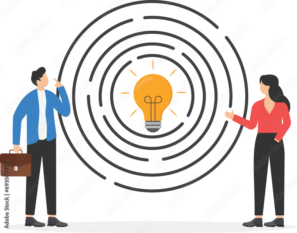 Poster businessman in front of a huge maze and finding direction to the idea bulb. modern vector illustrati