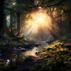Soft sunlight filtering through the trees in a magical forest