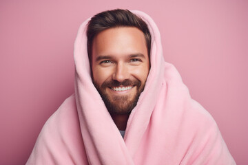 Generative ai photo of handsome positive man wrapped in warm blanket isolated on pink color background - obrazy, fototapety, plakaty