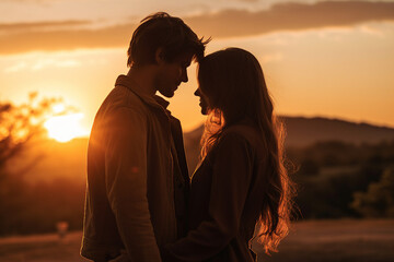 Generative AI image of romantic scene proposal against golden sunlight