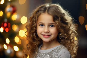Fototapeta premium Generative AI happy child decorated christmas tree christmas gifts festive indoor living room magic