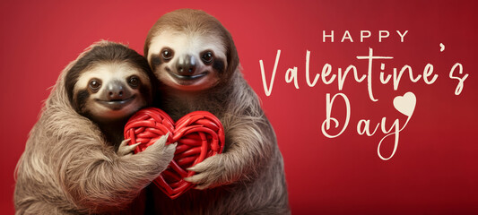 Funny animal Valentines Day, love, wedding celebration concept greeting card - Cute sloth couple holding a red heart , isolated on red background - obrazy, fototapety, plakaty