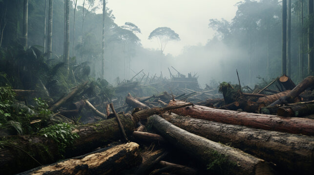 Illegal logging activities in a vibrant rainforest.