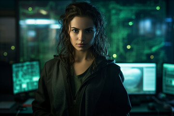 Generative AI portrait hacker in dark room secret organization community specialists