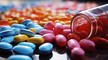 Close-up of Colorful pills, drugs and medications. Pharmaceuticals. Big pharma. Medicine background - obrazy, fototapety, plakaty