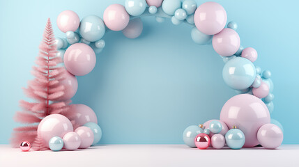 pink ball display christmas tree decoration with soft blue color background,  3d background, abstract background, 3d render, generate ai