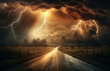 Lightning thunderstorms flash across the sunset sky over the countryside,  powerful and dynamic facets of weather and cataclysms