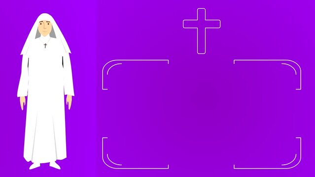 Animation of a nun on a purple background with a white cross and a panel for writing, religion, faith, catholic church.