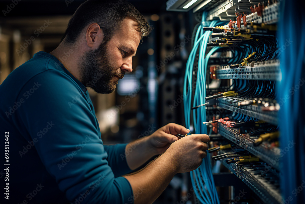 Poster generative ai picture of successful data center it specialist working for cyber data security compan