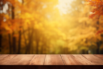 Naklejka na ściany i meble wooden table top empty, blur autumn yellow red background