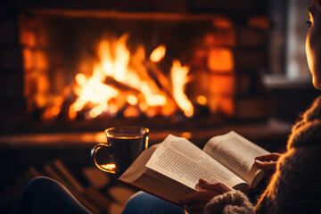A person enjoying a good book in a cozy setting, highlighting the positive impact of leisure activities on mental well-being. Generative Ai. - obrazy, fototapety, plakaty