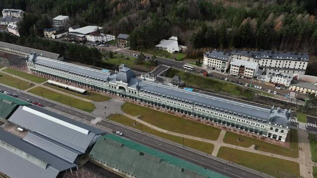 International Tran Station in Pyrenees. Canfranc Estaci&oacute;n, Spain. Aerial drone footage of railway located on the French border. Royal Hideaway Hotel