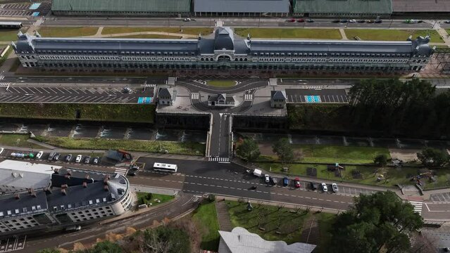International Tran Station in Pyrenees. Canfranc Estaci&oacute;n, Spain. Aerial drone footage of railway located on the French border. Royal Hideaway Hotel