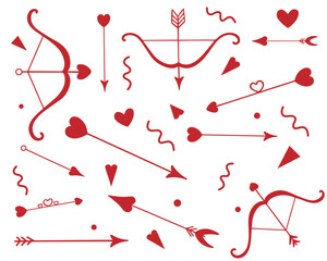 Cupid's red arrows. Set of Cupid's love arrows. Bow and arrow for Valentine's Day and St. Patrick's Day. - obrazy, fototapety, plakaty