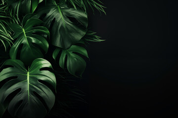 dark background  from green big leaves green tropical plant monstera - obrazy, fototapety, plakaty