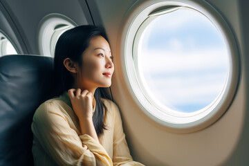 happy asian woman sitting in airplane, looking in porthole, blue sky