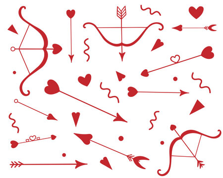 Cupid's red arrows. Set of Cupid's love arrows. Bow and arrow for Valentine's Day and St. Patrick's Day.