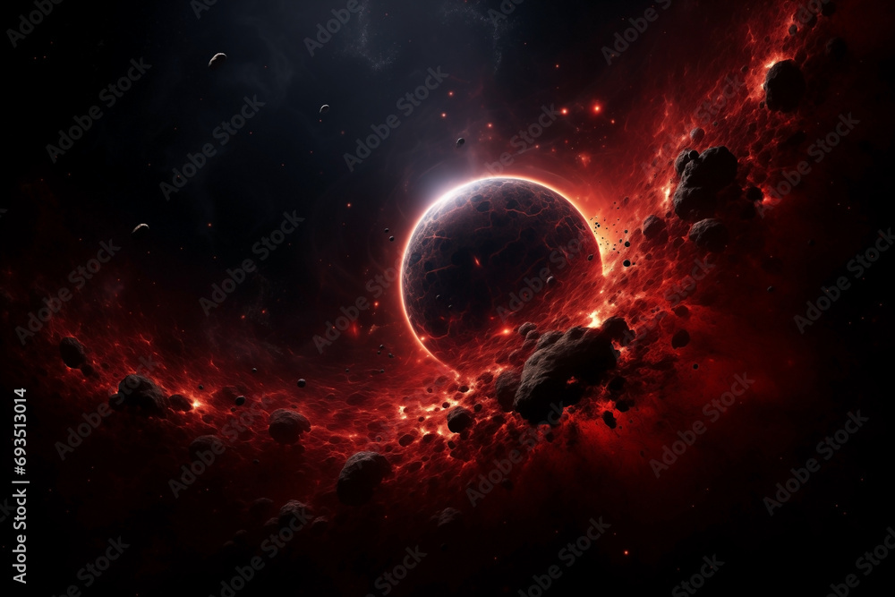 Wall mural planet red abstract in dark space with glow dots of stars