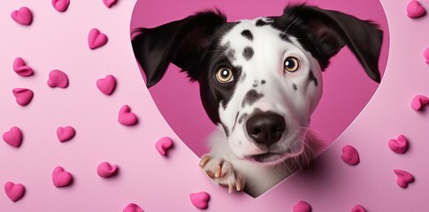 lovely black and white puppy peeking through a heart shaped pink hole against pink background....
