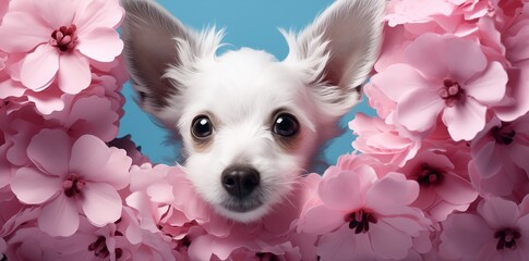 lovely white puppy is standing against blue background surrounded with pink spring flowers....