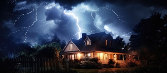 Intense lightning storm above house in the suburbs. - obrazy, fototapety, plakaty