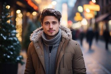 Fototapeta premium Generative AI portrait of attractive bearded man standing over new year decorations snowy city winter fair