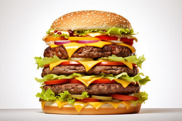 triple cheeseburger isolated on white background - obrazy, fototapety, plakaty