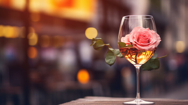 Romantic image featuring a wine glass and rose bouquet against a blurry city building background. Perfect for capturing special moments in an urban, elegant setting.