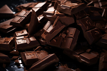chocolate broken dark, many of pieces, in bulk, close-up - obrazy, fototapety, plakaty