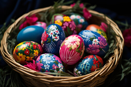painted easter eggs in a basket generative ai