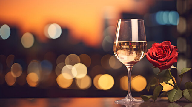 Romantic image featuring a wine glass and rose bouquet against a blurry city building background. Perfect for capturing special moments in an urban, elegant setting.
