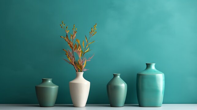 Vase with dried flowers on white table against turquoise wall