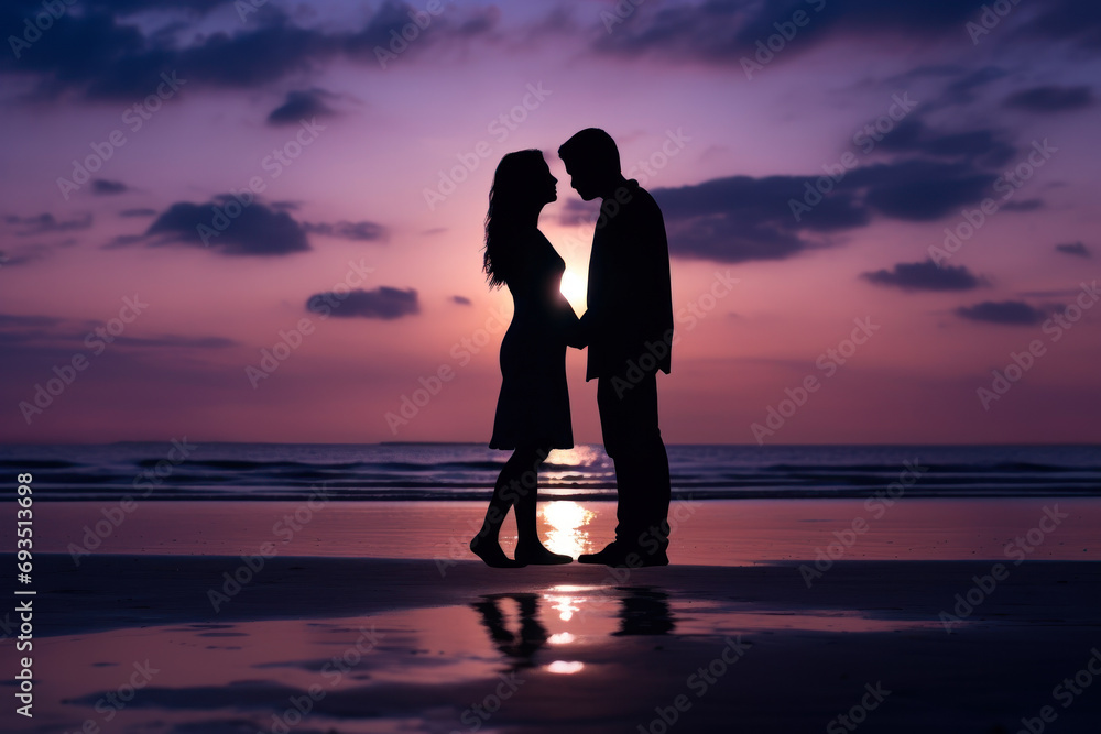 Wall mural silhouettes of a loving couple on the ocean shore generative ai