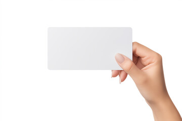 womens hand showing white empty long card or voucher