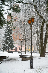 vintage lantern on the alley in the winter park, European Square, Vinnitsa, Ukraine, Square
