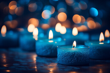 blue candles with flickering flames, dark blurred background