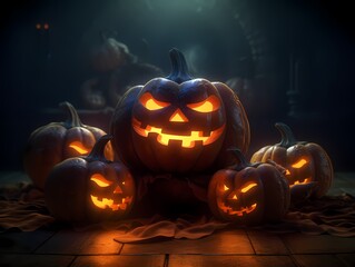 Naklejka premium Realistic halloween pumpkins on the autumn forest while full moon. 3D rendering generated ai 