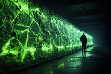 Fototapeta premium Glow-in-the-dark paint revealing hidden patterns on a wall, demonstrating the playful and artistic application of luminescent materials. Generative Ai.