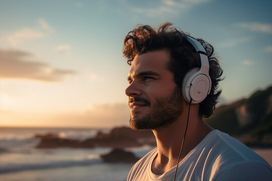Generative AI photo picture of happy person walking seaside looking sunrise and listening music