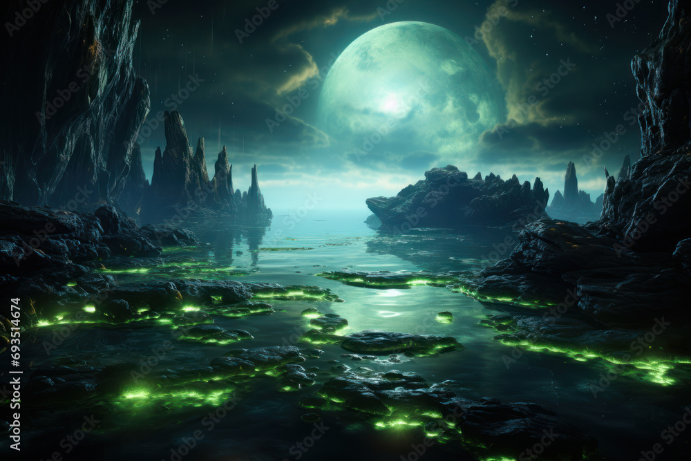 Poster luminescent algae creating an otherworldly glow in a darkened pond, highlighting the intriguing aspe