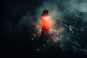 The luminescence of a lighthouse beacon cutting through the mist, serving as a navigational guide for ships at sea. Generative Ai. - obrazy, fototapety, plakaty