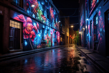 Luminescent street art transforming a mundane alley into a captivating and vibrant outdoor gallery,...