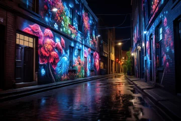 Foto op Plexiglas Luminescent street art transforming a mundane alley into a captivating and vibrant outdoor gallery, inspiring creativity in urban spaces. Generative Ai. © Sebastian