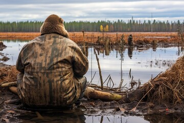Obraz premium Step into the tranquil world of a beaver hunter as they patiently await amidst the gentle morning light. With unwavering focus, they scan the serene surroundings